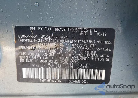 2013 Subaru Forester 2.5Xt Premium z USA, uszkodzony, nr VIN JF2SHGAC9DH410274